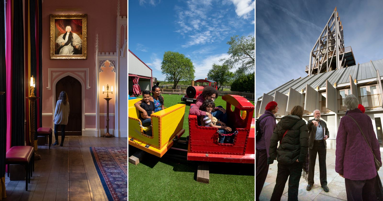 left to right - inside Auckland Castle, family on ride at Adventure Valley and group looking up at Auckland Tower